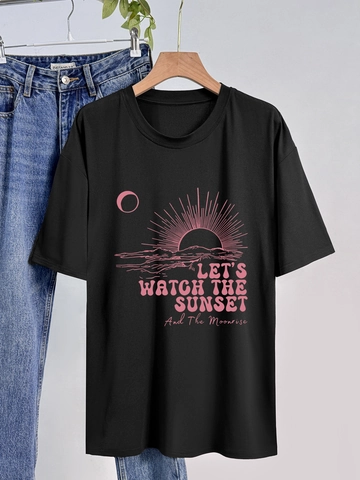 Damen Casual Kurzarm T-Shirt Rundhals Sonnenuntergang Mond Druck Lose Passform Milchseide Sommer Top Streetwear Damen