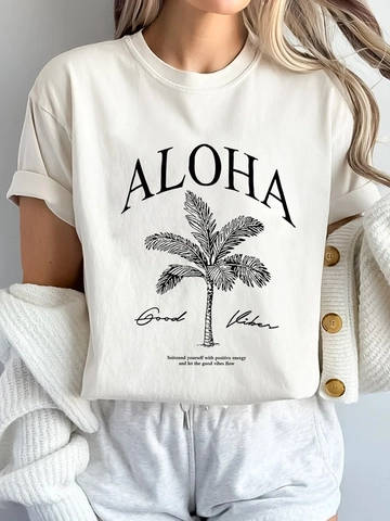 Damen Rundhals Kurzarm T-Shirt Lose Aloha Good Vibes Kokospalmen Druck Sommer Urlaub Streetwear Top
