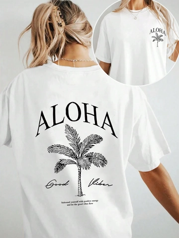 Women Casual Oversized Short Sleeve T-Shirt Round Neck Loose Top Palm Tree Aloha Letter Print Summer Vacation Tee Shirt