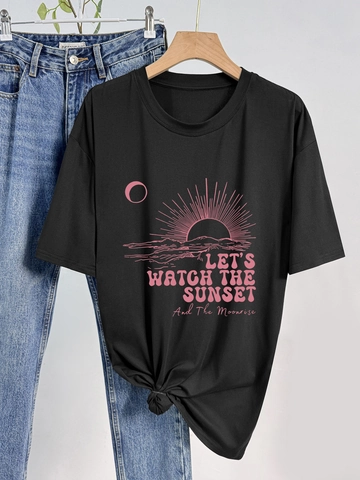 Damen Casual Kurzarm T-Shirt Rundhals Sonnenuntergang Mond Druck Lose Passform Milchseide Sommer Top Streetwear Damen