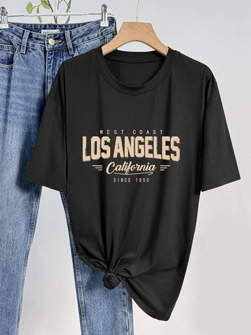 Women American Street Style Casual T-Shirt Round Neck Short Sleeve Loose Top West Coast Letter Print Retro Fashion Tee