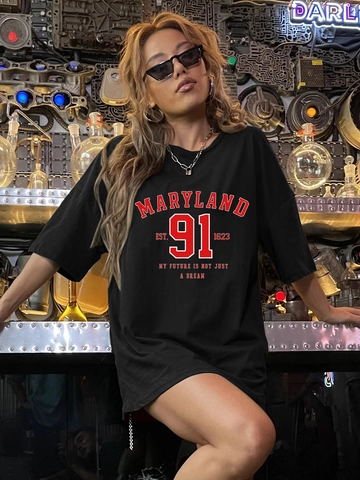 Damen Oversize T-Shirt Gebürstete Milchseide Retro Maryland 91 Druck Kurzarm Rundhals Casual Streetwear Mode Top