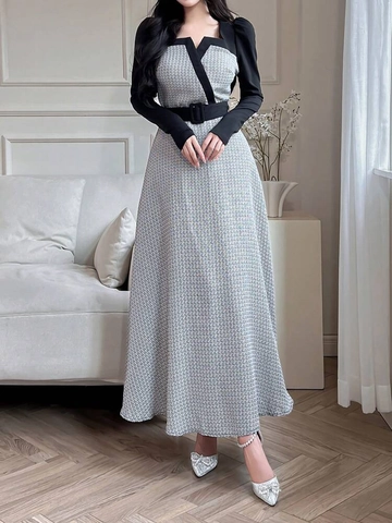 Robe Longue Élégante pour Femmes Col Carré Épissage Pied-de-Poule Tweed Manches Longues Avec Ceinture Bureau Robe Trapèze