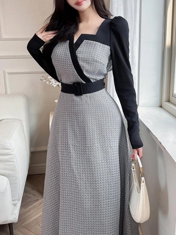 Robe Longue Élégante pour Femmes Col Carré Épissage Pied-de-Poule Tweed Manches Longues Avec Ceinture Bureau Robe Trapèze