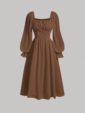 Vestido Midi de Mujer Vintage con Cuello Cuadrado Nido de Abeja Manga Larga Linterna Plisado Línea A Color Sólido Elegante Francés Vacaciones