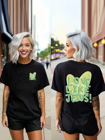 Damen Casual Rundhalsausschnitt Kurzarm T-Shirt Love Like Jesus Herz Druck Lockere Passform Mittellang Mode Streetwear Top