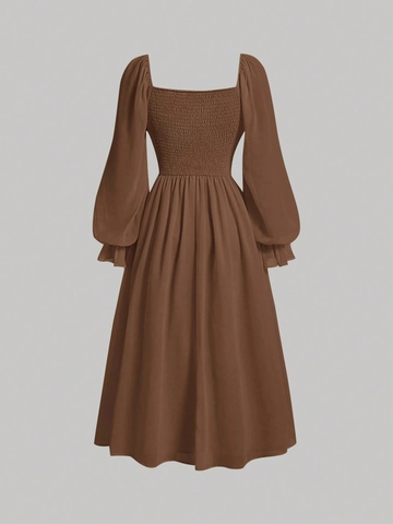 Vestido Midi de Mujer Vintage con Cuello Cuadrado Nido de Abeja Manga Larga Linterna Plisado Línea A Color Sólido Elegante Francés Vacaciones