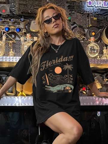 Damen Oversize Florida Grafik T-Shirt Vintage Streetwear Kurzarm Rundhals Überschnittene Schulter Locker Casual Top