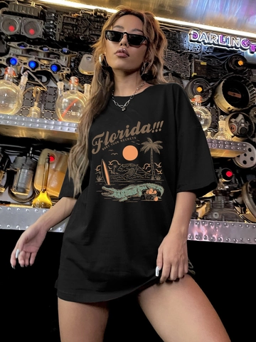 Damen Oversize Florida Grafik T-Shirt Vintage Streetwear Kurzarm Rundhals Überschnittene Schulter Locker Casual Top