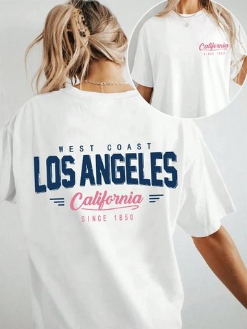 Damen Oversize T-Shirt California Los Angeles Grafikdruck Kurzarm Rundhalsausschnitt Casual Streetwear Top