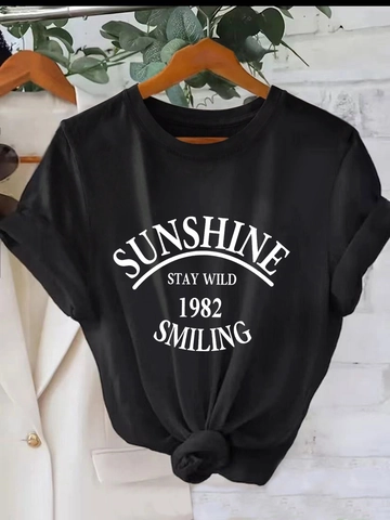 Damen Casual Rundhals Kurzarm T-Shirt American Vintage Buchstaben Druck Saum Zum Knoten Mittellang Sommer Locker Top