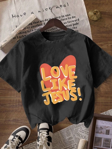 Women's Fashion Short Sleeve T-Shirt Love Like Jesus Heart Print Soft Milk Silk Loose Casual Round Neck Tee Top For Women
