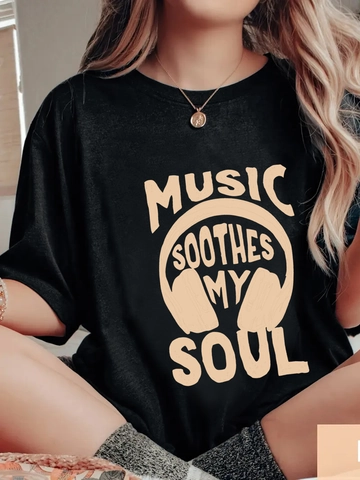 Damen Casual Music Soothes My Soul Grafik T-Shirt Milchseide Rundhals Kurzarm Locker Sommer Streetwear Tee Top
