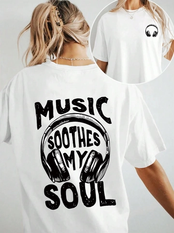 Damen Casual Oversized Rundhals Kurzarm T-Shirt Grafik Kopfhörer Buchstabendruck Musik Thema Lose Streetwear Top