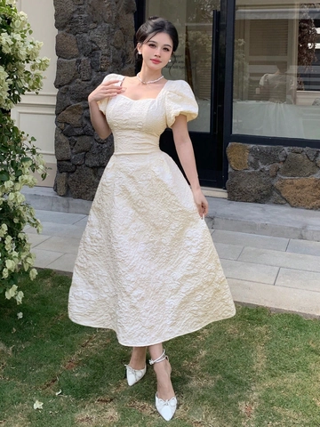 Französisch Vintage Jacquard Midi Kleid Quadratischer Ausschnitt Puffärmel Hohe Taille A-Linie Elegantes Sommerkleid Für Damen Creme