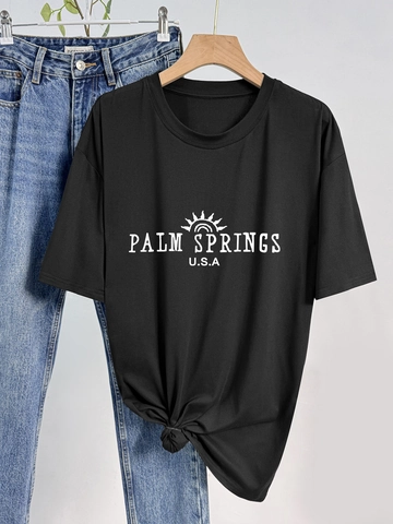 Women Round Neck Short Sleeve Letter Print T-Shirt Palm Springs Sun Graphic Casual Loose Fit Fashion Summer Top