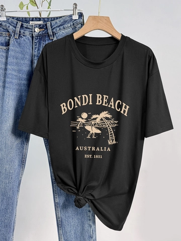 Damen Casual Kurzarm Rundhals T-Shirt Vintage Bondi Beach Australien Grafikdruck Lockeres Sommer Top