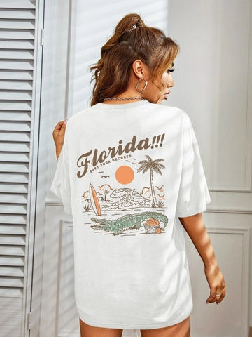 Dames Oversized T-Shirt Florida Retro Print Korte Mouw Ronde Hals Melkzijde Casual Losse Vintage Streetwear Top