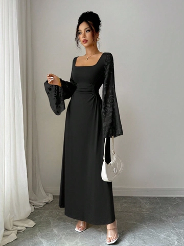 Abito Maxi Nero Elegante da Donna Scollo Quadrato Manica a Campana Pizzo Floreale Mesh Slim Arricciato Retro Abito da Sera