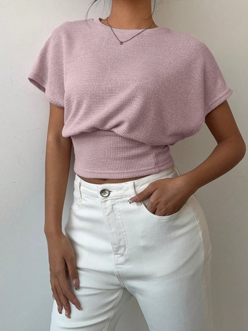 Camiseta Elegante de Punto Gofre para Mujer Cuello Redondo Manga Corta Top Ajustado Verano Casual Moda Rosa Loto