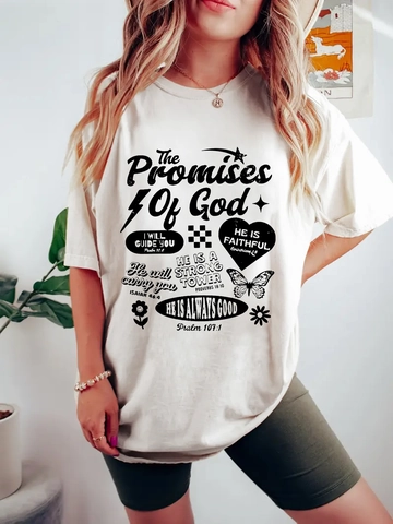 Women's Oversized T-Shirt The Promises Of God Bible Verse Graphic Tee Round Neck Casual Streetwear Vintage Polyester Top
