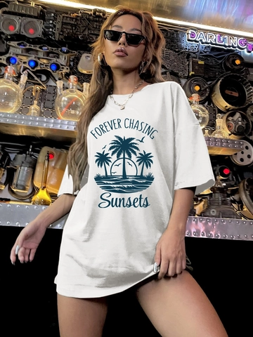 Women's Casual Oversized T-Shirt Polyester Milk Silk Short Sleeve Round Neck Vintage Tropical Sunset Palm Tree Print Top