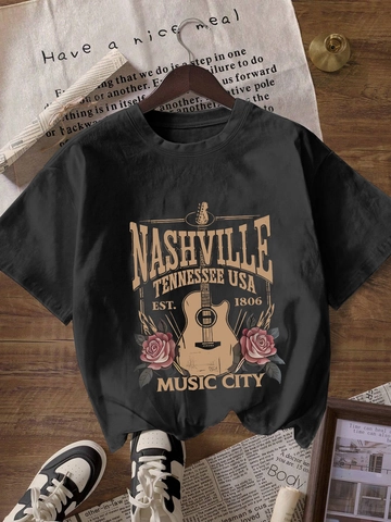 Damen Amerikanischer Vintage Nashville Grafik T-Shirt Kurzarm Rundhals Polyester Übergroß Streetwear Lässiges Tee Top