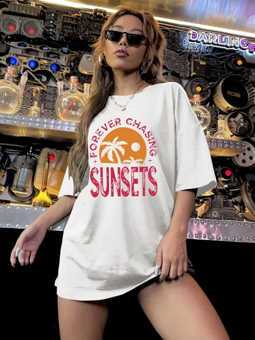 Women Casual Oversized Short Sleeve T-Shirt Crew Neck Forever Chasing Sunsets Palm Tree Graphic Print Streetwear Fashion Top