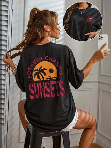 Damen Oversized Forever Chasing Sunsets Grafik T-Shirt Kurzarm Rundhals Locker Casual Urlaub Sommer Top Tee