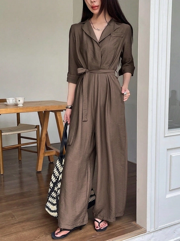 Mono Elegante de Color Sólido para Mujer con Cuello en V y Manga Larga con Cinturón de Pata Ancha Casual Primavera Otoño Talle Alto