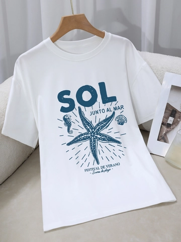 Women T-Shirt Casual Round Neck Short Sleeve Polyester Loose Street Style Sea Star Seahorse Shell Ocean Print Graphic Top