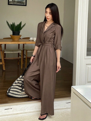 Mono Elegante de Color Sólido para Mujer con Cuello en V y Manga Larga con Cinturón de Pata Ancha Casual Primavera Otoño Talle Alto