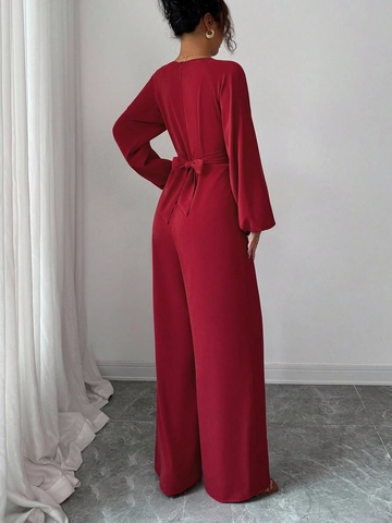 Elegant Women Solid Wine Red Long Sleeve Jumpsuit Square Neck Lantern Sleeve Wide Leg Jumpsuit With Back Strap Waist Pleat