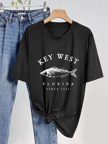Women American Vintage Key West Florida Graphic T-Shirt Casual Round Neck Short Sleeve Printed Loose Polyester Top Tee