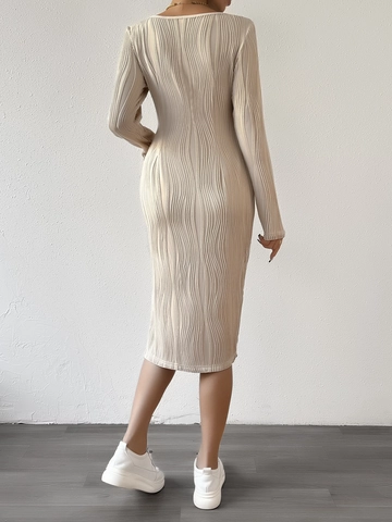 Women Elegant Slim Fit Square U Neck Knitted Wave Texture Midi Dress Long Sleeve Bodycon Split Hem Apricot Autumn Dress