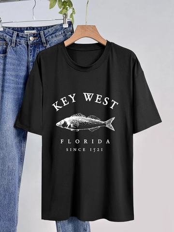 Women American Vintage Key West Florida Graphic T-Shirt Casual Round Neck Short Sleeve Printed Loose Polyester Top Tee