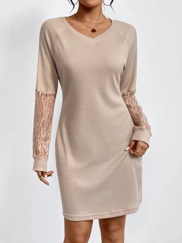 Dames Elegant Abrikoos Lange Mouw Mini Jurk V-Hals Kant Patchwork Wafeltextuur Slim Fit Bodycon Pullover Jurk