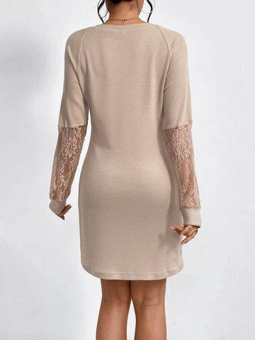 Dames Elegant Abrikoos Lange Mouw Mini Jurk V-Hals Kant Patchwork Wafeltextuur Slim Fit Bodycon Pullover Jurk