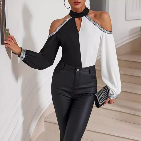 Blusa de Bloques de Color de Contraste para Mujer Hombros Descubiertos Top de Manga Larga con Lentejuelas Brillantes Cuello Halter para Fiesta Banquete Jersey Elegante