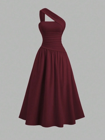 Women Elegant One Shoulder Ruched A-Line Midi Dress Sexy Sleeveless Pleated Waist Cocktail Party Evening Solid Color Dress