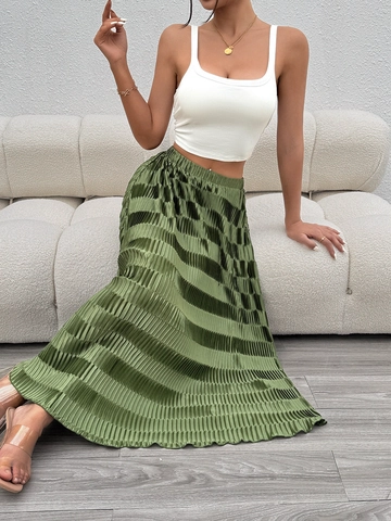 Elegant Women High Waist Pleated Maxi Skirt Satin Look Solid Olive Green A-Line Long Skirt For Commuting Party Lady Bottoms