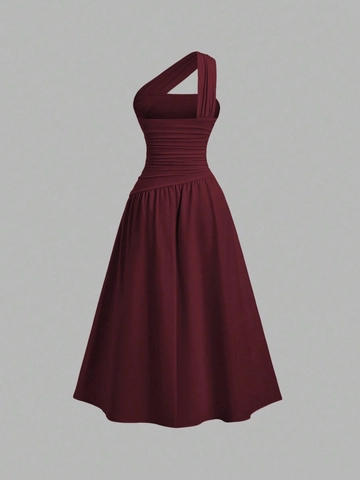 Women Elegant One Shoulder Ruched A-Line Midi Dress Sexy Sleeveless Pleated Waist Cocktail Party Evening Solid Color Dress