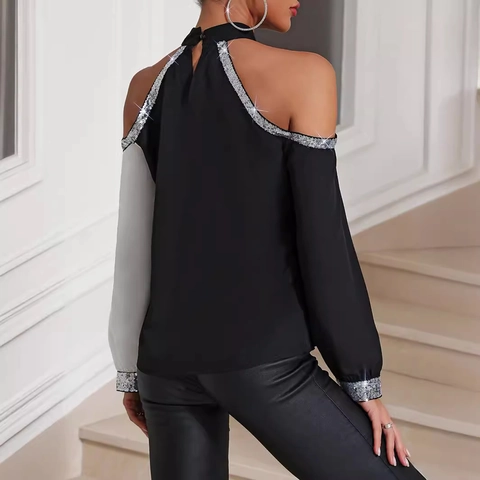 Blusa de Bloques de Color de Contraste para Mujer Hombros Descubiertos Top de Manga Larga con Lentejuelas Brillantes Cuello Halter para Fiesta Banquete Jersey Elegante