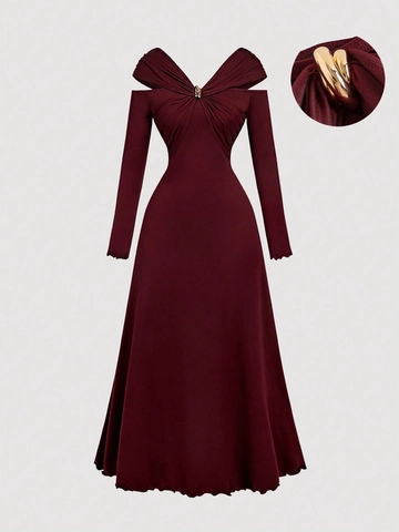 Women V Neck Long Sleeve Off Shoulder Pleated A Line Maxi Dress Solid Color Elegant Evening Party Dress With Metal Ring