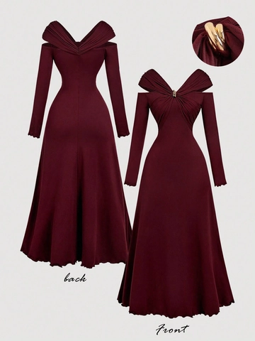 Women V Neck Long Sleeve Off Shoulder Pleated A Line Maxi Dress Solid Color Elegant Evening Party Dress With Metal Ring
