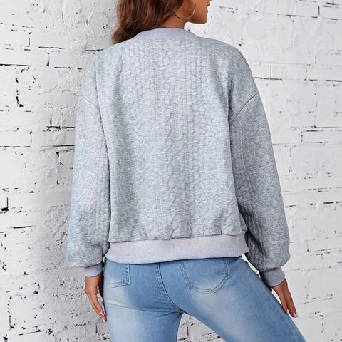 Giacca da Baseball Trapuntata Casual da Donna Grigia Manica Lunga Cappotto Abbottonato Vestibilità Larga Autunno Capispalla
