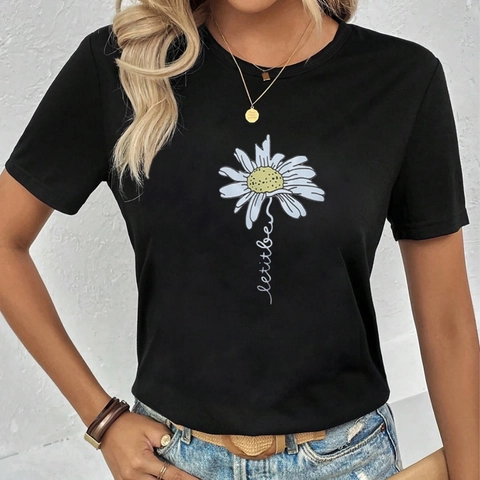 Damen Casual Schwarz Rundhals Kurzarm T-Shirt Daisy Buchstabe Let It Be Druck Baumwollmischung Sommer Streetwear Top