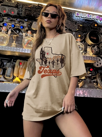 Women Retro Texas Desert Cactus Print T-Shirt Loose Casual Short Sleeve Round Neck Khaki Oversized Streetwear Cotton Blend Top