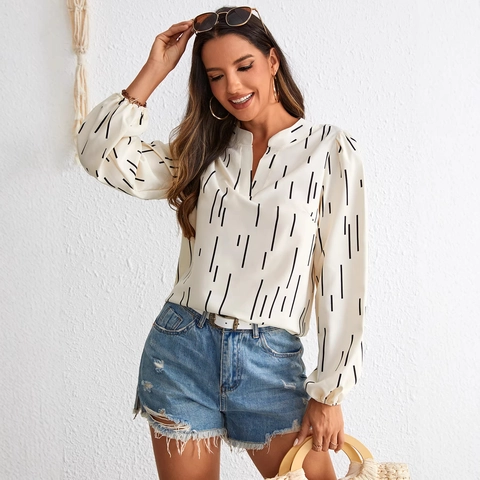 Camicetta Elegante da Donna Scollo a V a Righe Verticali Manica Lunga a Lanterna Casual Pullover Top Camicia da Ufficio Moda
