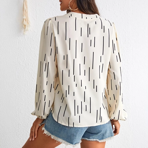 Camicetta Elegante da Donna Scollo a V a Righe Verticali Manica Lunga a Lanterna Casual Pullover Top Camicia da Ufficio Moda